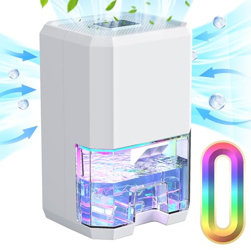 1200ML Deshumidificador, Deshumidificador silencioso con apagado automático, temporizador de 6-8-10 horas, modo de sueño, luz nocturna de 7 colores, portátil, para baño, dormitorio (500 ml/24H)