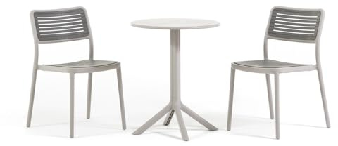 SIEDITI FUORI E DENTRO Set bistrò da balcone tavolino rotondo Ø60 cm in polipropilene e 2 sedie in polipropilene impilabili, set salvaspazio per veranda e giardino - Elia & Molly (Grigio)