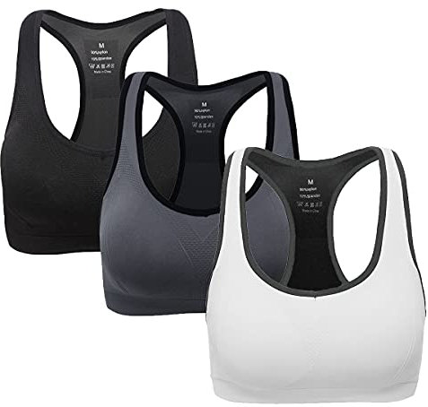 ANGOOL Damen Komfort Klassische Racerback Sport BH Top Fuer Yoga Fitness-Training, Schwarz + Grau + Weiß, M Fit 70DD 70E 75D 80BC 85BC