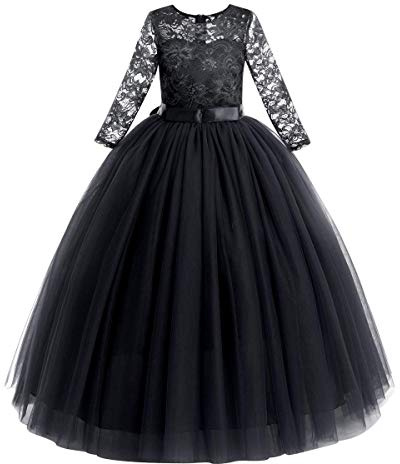 Flower Girls Party Princess 3/4 Sleeve Maxi Floor Length Dress Kids Floral Lace Pageant Ceremony Wedding Bridesmaid Communion Birthday Cocktail Evening Dance Prom Black 13-14 Years