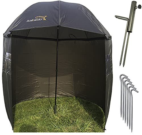 NECO 15021 Parapluie de pêche, diamètre 220 cm, cape, support parasol, piquets, protection pluie, vent, UV, 2 hommes, bagages carpe, étui gratuit