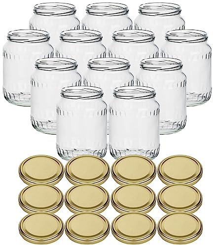 gouveo Lot de 12 bocaux à Confiture 720 ML Facette avec Couvercle à vis doré - Grands bocaux de Conservation avec Bouchon à vis - Pots à Confiture vides, bocaux à Confiture