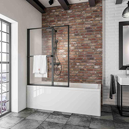 Schulte pare baignoire 109 x 140 cm à coller, porte-serviettes, 2 volets (70+39) pivotants, noir, écran sans perçage, 180° contre le mur, verre de sécurité 3 mm, joint d'étanchéité