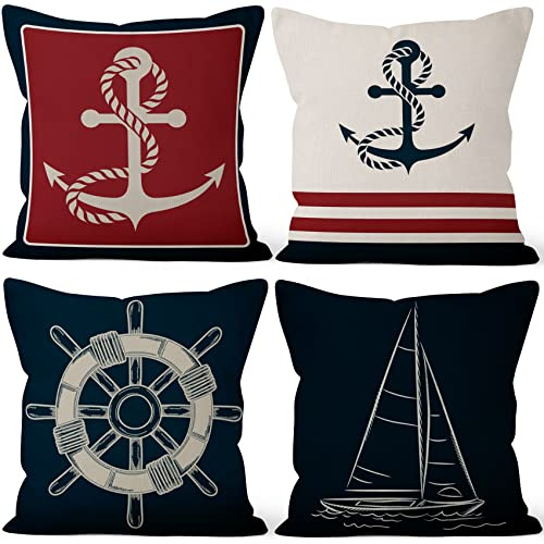 Aoihrraan 16 x 16 Inch 41x41cm Set of 4 Cushion Covers Ship Anchor Rudder Sailboat Blue Square Linen Decorative Throw Pillow Covers With Invisible Zipper Home Decor For Kids Sofa Pirate Boy Bedroom