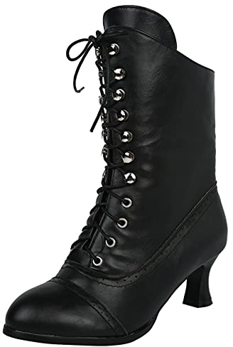 SOOUICKER Stivaletti da donna con lacci, stile gotico steampunk, da donna, con tacco, Nero , 36 EU