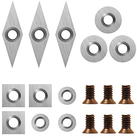 DEEFIINE 18 Pieces Tungsten Carbide Cutters Inserts Set for Wood Lathe Turning Tools Include 11 mm Square with Radius, 12 mm and 8.9 mm Round, 30 x 10 mm Diamond with Pointed Point,6 Pieces Screws