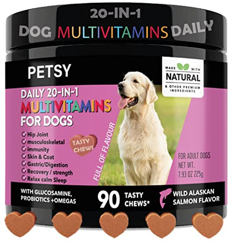 PETSY™ Dog Vitamins & Supplements 20-in-1 Essential Multivitamins, B2,B3,B6,B7,B12, Vit C, Folic Acid, Biotin, Glucosamine, Chondroitin, Wild Alaskan Salmon oil, Hemp Seed oil, Probiotics Blend Treats