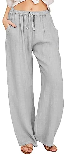 WINKEEY Pantalones Casual Mujer Cordón Cintura Alta Pierna Ancha Suelta Pantalones Palazzo de Lino de Algodón con Bolsill (Gris,XL)