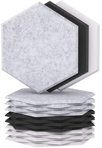 TONOR Lote de 18 Paneles Acústicos Murales Autoadhesivos, 30 x 26 x 1 cm Panele de pared 3D acústico de Alta Densidad, Espuma Acústica Hexagonal Aislant, 6 Pack Negro & 6 Pack Blanco & 6 Pack Gris