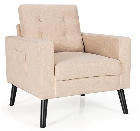 RELAX4LIFE Polstersessel, Relaxsessel mit Rücken-& Sitzkissen, Einzelsofa mit Holzbeinen& 2 Seitentaschen, Wohnzimmerstuhl mit Sitztiefe von 53cm, für Wohnzimmer Schlafzimmer Büro, 81×67×86cm (Beige)
