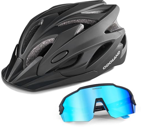 Odoland Bike Helmet with Cycling Sunglasses, Adult Cycling Helmets for Men Women Adjustable Lightweight Road Bike Mountain Bike Helmet Black