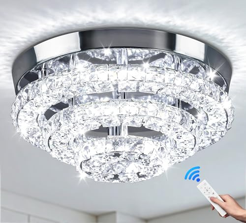 Cainjiazh 11.8 Ceiling Light Modern Crystal Chandeliers LED Crystal Ceiling Light Fixture Flush Mount Ceiling Chandelier Light Chandelier for Dining Room Hallway Dimmable with Remote Control