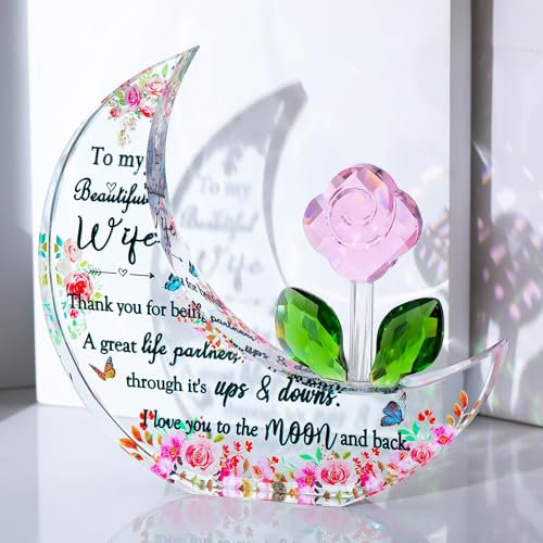 ​​​Glass Moon Shaped Plaque Gifts for Wife from Husband, Keepsake for Best Wife on Birthday, Crystal Presents for Her on Christmas Unique Personalised Home Ornaments