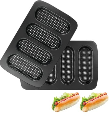 HOMOMSAE Hot Dog Bun Pan, 2 Pack Perforated Carbon Steel Bread Loaf Pan, Nonstick & Heat Resistant Bread Forms Mini Baguette Baking Tray for Hot Dog Bun Rolls (Black)