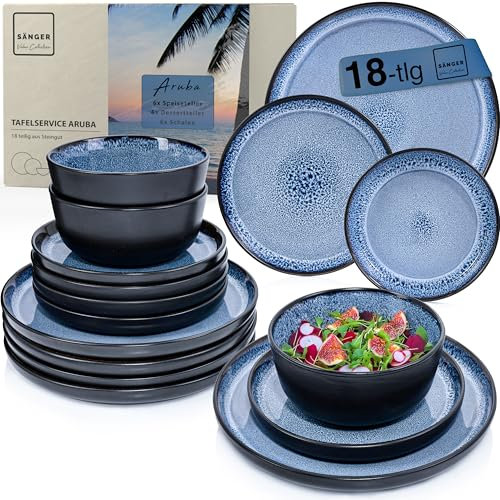 SÄNGER Aruba | Steingut Geschirr Set 18 tlg, Teller Set 6 Personen, Geschirrset 6x Speiseteller 6x Müslischalen 6x Dessertteller, Tafelservice blau mit schwarzem Rand kratzfest | VALUE COLLECTION