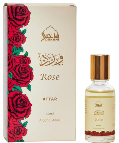 Rose Attar Oil by Dukhni | Arabic perfume oils for men and women | 30ml Pure roll on perfume, floral, oud oil, rose attar | Eid, Ramadan, Umrah Gifts, Vegan Islamic Fragrances