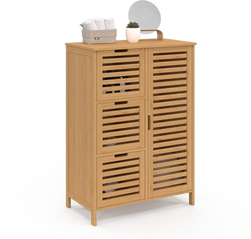 IDMarket - Meuble de Rangement Salle de Bain Bambou BEA 3 tiroirs avec Placard