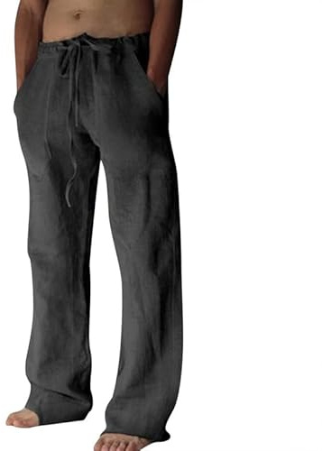 Litthing Pantalones de Lino para Hombre Algodón Verano con Bolsillos Cordó