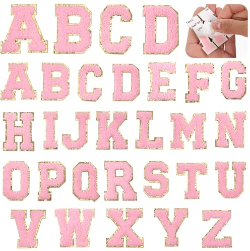 26 st chenille bokstavslappar självhäftande bokstavslappar A-Z alfabet broderad applikation Preppy lapp med glitter för kläder gör-det-själv ryggsäckar hatt reparation (6,2 × 4,5 cm) (rosa)