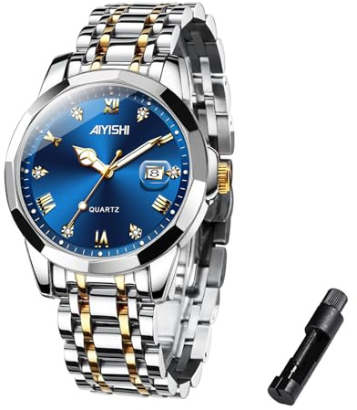 AIYISHI Watch for Men Luxury Two Tone Blue Stainless Steel Business Dress Analog Quartz Watch with Roman Numerals & Diamond Dial Waterproof Date Magnifier