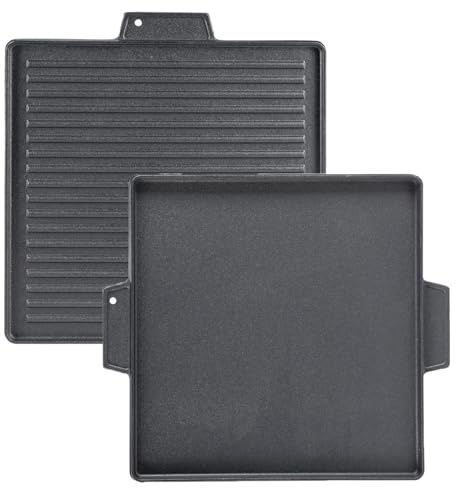 SOLEILUX Griglia Bistecchiera 2 IN 1 Quadrata in Ghisa Universale Antiaderente 40x40 cm - LISCIA e RIGATA con 2 Manici