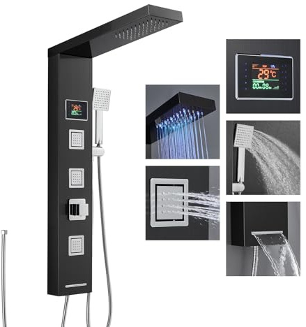 ROVOGO Panneau de douche LED sans robinet, noir, colonne de douche 5 fonctions en acier inoxydable sans batterie, affichage LED de la température et douche à effet pluie, 3 jets de massage, douchette