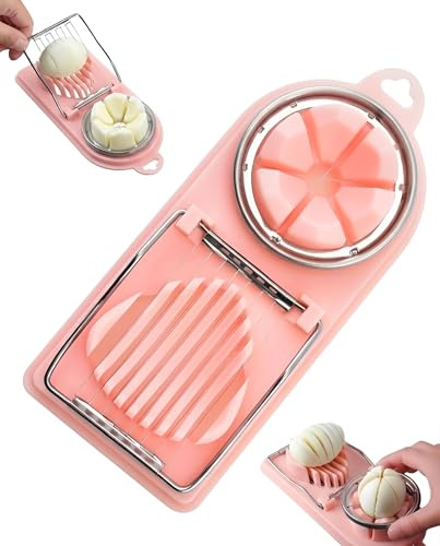 LOZTBUE 1 pezzo Tagliauova sode 2 in 1, Taglio facile e veloce - Fette o spicchi, Accessori da cucina Piatti graziosi,Rosa
