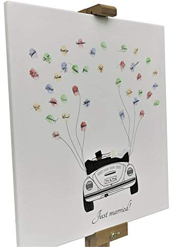 KATINGA Leinwand zur Hochzeit - Motiv Auto (weiß) mit Spruch Just Married! - als Gästebuch für Fingerabdrücke (40x50cm) (weiß)
