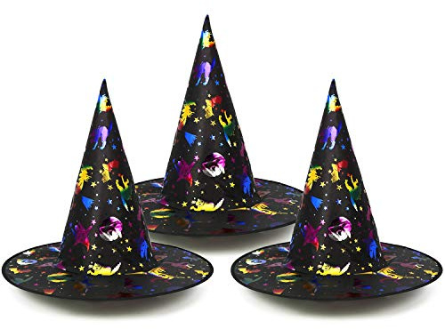 com-four® 3x Hexenhut für Hexenkostüm - Zauberer Hut ideal zu Fasching, Karneval, Halloween - 33 x 38 cm (03 Stück - Hexenhut bunt)