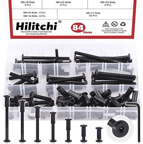 Hilitchi M6 Hex Drive Socket Cap Bolts Kit - Black Zinc, Round Head, 16/25/35/45/55/65/75mm, 84pcs