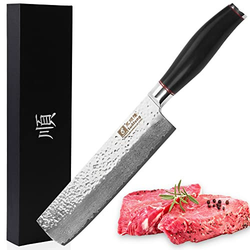 Sunlong Coltello da cucina Nakiri Coltello da cucina da 6,5 ​​pollici Super Sharp - Coltello da chef giapponese in acciaio di Damasco - Manico in ebano naturale - Coltello da chef