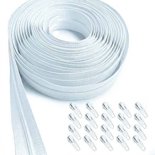 KGS Endless Zip Set with Zipper, 3 mm, 2.7 Metres, Includes 10 Metal Sliders for Clothes, Bag, Pencil Case, Bedding, White