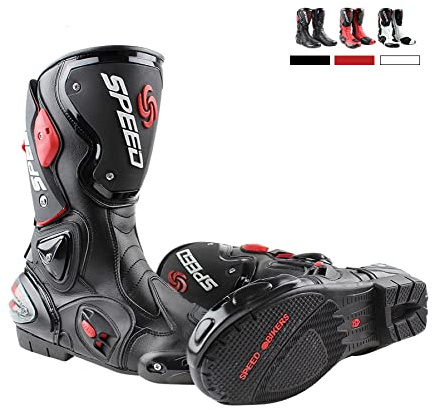 Msport Stivali da Moto Pista Racing Motocross per Uomo e Donna – Protezioni Rinforzate, Antiscivolo, Resistenti agli Urti, Chiusura Rapida – Ideali per Pista e Strada - Nero 43 EU