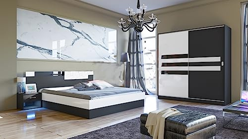 Camera da Letto Completa con Armadio ad Ante Scorrevoli e Gancio Appendiabiti Letto Matrimoniale Contenitore e Comodini Camera Moderna Bianca e Nera CDLI7022 (camera + rete + materasso)