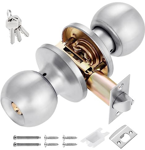 Faankiton Bouton de Porte avec Serrure et Clé, Ronde Verrouillage, Poignée Ronde, Bouton à Boule, D'entrée (Entrée, avec Clé, Argen)