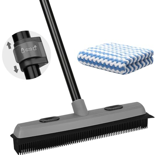 Pet Hair Removal Rubber Broom with Squeegee, Carpet Rake for Pet Hair with 59 Telescoping Long Handle, Fur Remover Rake for Carpet, Hardwood Floor, Tile