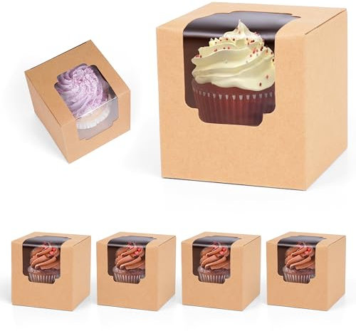 Winter Shore 50 Stück Einzelne Cupcake Box - 9 x 9 x 9 cm Braune Kraftpapier Box mit Cupcake-Einsatz & Durchsichtigem Sichtfenster - Pralinenschachtel Leer für Geburtstage, Hochzeiten, Babypartys