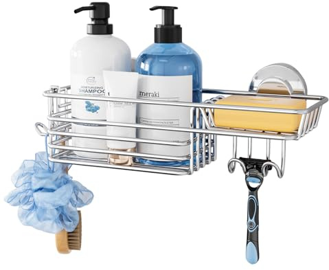 TAILI Shower Caddy Suction Cup with Hooks & Soap Holder Heavy Duty Bathroom Shower Organizers Max Hold 10KG Removable Bathroom for Shampoo Toiletries Kitchen Accessories Stainless Steel Basket, Silver