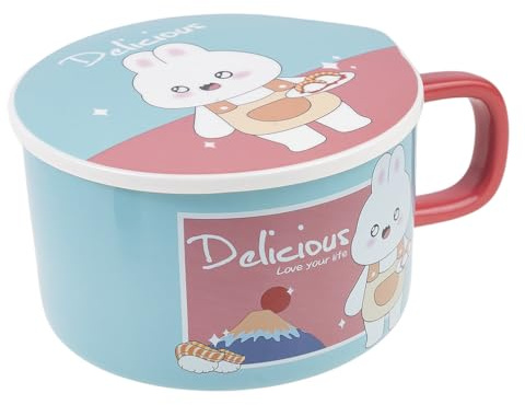 lachineuse – Cuenco de fideos instantáneos – Cuenco de ramen asiático – Porcelana – Diseño de conejo – 1000 ml – Tapa y cubiertos – Desayuno sopa – Idea de regalo Asia Japón China – Azul cielo