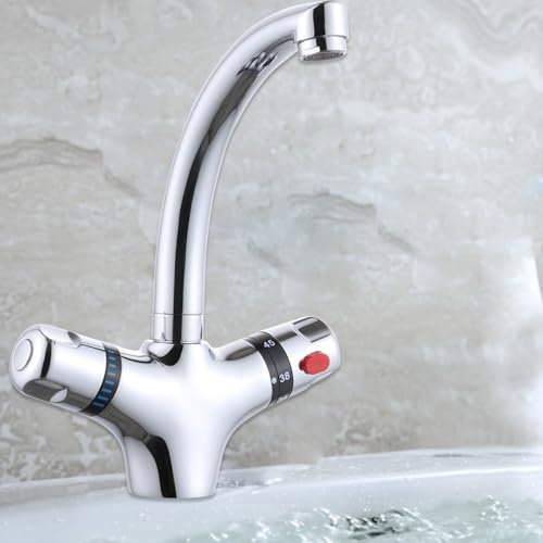 Robinet avec thermostat, mitigeur thermostatique pour lavabo, pont monté, trou simple en acier inoxydable argenté