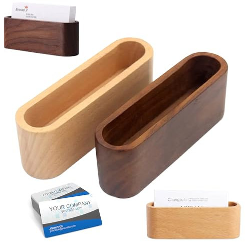 Carlso 2 Stück Visitenkartenhalter aus Holz, Visitenkartenständer, Ständer, Desktop, Visitenkarte, Organizer, Bürozubehör, Display, (Braun+Holzfarbe) (Buche, 2 Stück)