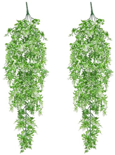 CATELL 2 Piezas Plantas Artificiales Colgantes 70 cm, Plástico Planta Artificial Colgante Plantas Colgantes Artificiales para Balcón Jardín Cocina Baño Sala de Estar Hogar (Blanco)