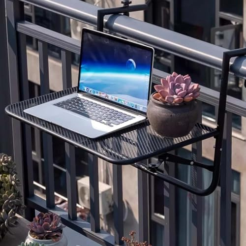 FAXJRU Table de Balcon Suspendue Pliable Table de Bar Pliante à Suspendre, Réglable en Hauteur sur 4 Niveaux, pour Balustrades de d'Extérieur, pour Garde-Corps de Patio et Terrasse 60x40cm Noir