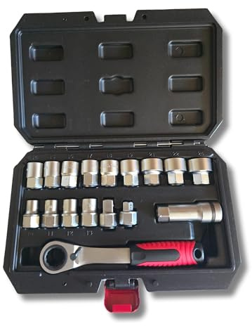 Juego llaves de vaso pasantes 10 a 24 mm 17 piezas CRV con trinquete reversible 19 mm adaptadores 1/4 y 1/2 vasos