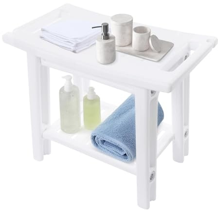 CHFUNE Sgabello da doccia con ripiano, 70 kg, antiscivolo, stabile e confortevole, leggero, 56 x 32 x 46 cm, bianco