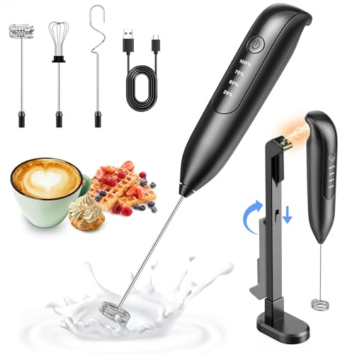 Dynooper Electric Milk Frother Handheld: coffee frother rechargeable 3 in 1 - LED Display, Wireless Charging - 3 Speeds, Stainless Steel Whisk for Latte, Cappuccino - Bright Grey