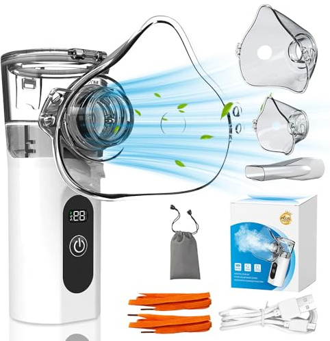 XPJBKC Nebulizador Portátil, Nebulizador Silencioso para Adultos y Niños con Pantalla LED y Autolimpieza, Inhalador Nasal con Boquilla & 2 Máscaras, para Uso Doméstico y de Viaje