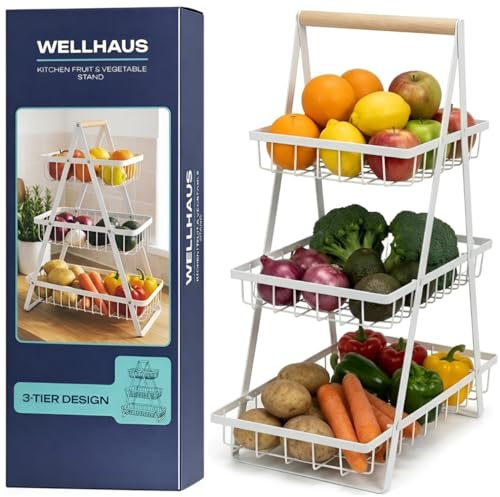 WELLHAUS Présentoir à Fruits à 3 étage - Panier à Fruits et Légumes en Métal, Rangement à 3 Niveaux pour Plan de Travail de Cuisine, Corbeille de Rangement, Blanc