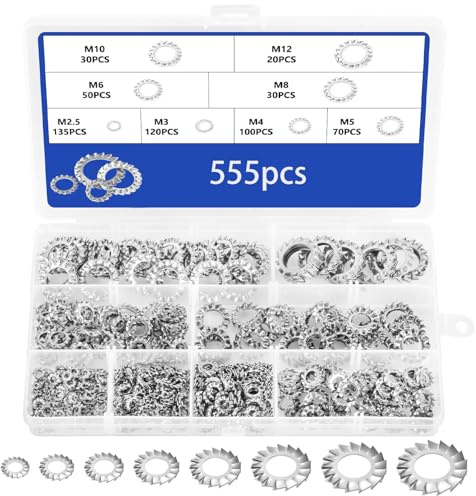 Lot de 555 rondelles de sécurité en acier inoxydable | M2,5 M3 M4 M5 M6 M8 M10 M12 - Kit d'assortiment de disques externes - Bague de serrage pour fixation et montage sécurisés