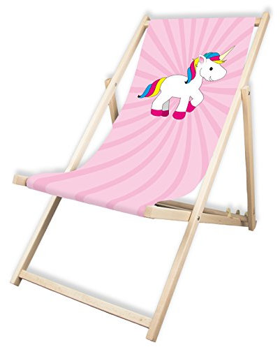 MultiBrands® Liegestuhl, Holz, ohne Armlehne, klappbar, Einhorn rosa